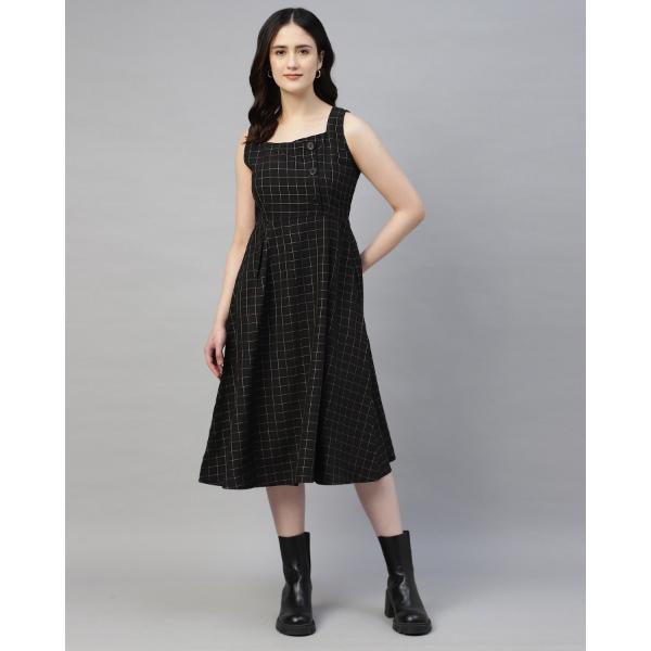 BLACK BUTTONED PLAID PINAFORE DRESS